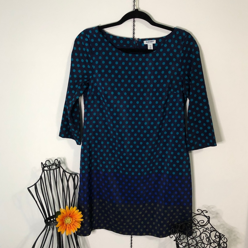 Blue Polka Dot Geo Mod Casual Career Shift Dress